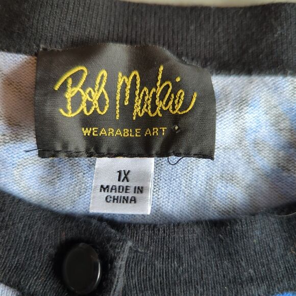 Bob Mackie Cardigan Sweater Womens 1X Blue Black Paisley Wearable Art Button Up - Picture 5 of 7